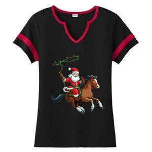 Cowboy Santa Riding A Horse Christmas Funny Ladies Halftime Notch Neck Tee