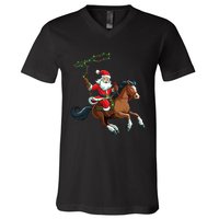 Cowboy Santa Riding A Horse Christmas Funny V-Neck T-Shirt