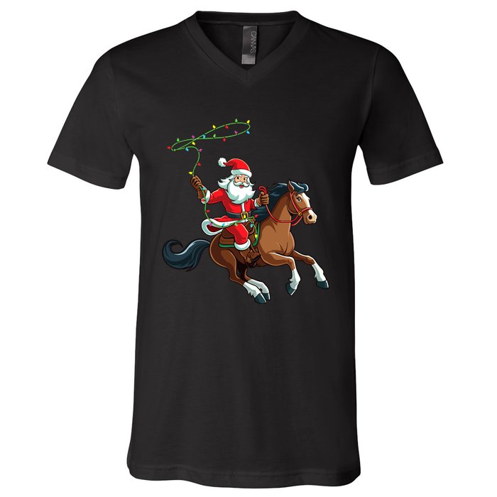 Cowboy Santa Riding A Horse Christmas Funny V-Neck T-Shirt