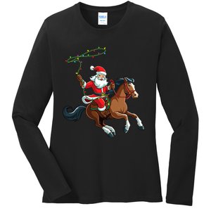 Cowboy Santa Riding A Horse Christmas Funny Ladies Long Sleeve Shirt