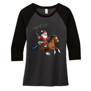 Cowboy Santa Riding A Horse Christmas Funny Women's Tri-Blend 3/4-Sleeve Raglan Shirt