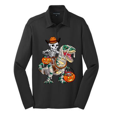 Cow Skeleton Riding Mummy Dinosaur T Rex Halloween Funny Gift Silk Touch Performance Long Sleeve Polo