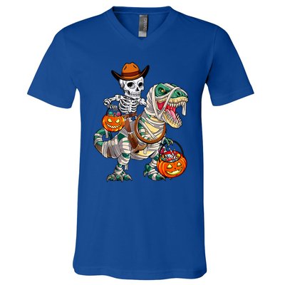 Cow Skeleton Riding Mummy Dinosaur T Rex Halloween Funny Gift V-Neck T-Shirt