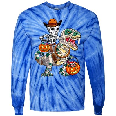 Cow Skeleton Riding Mummy Dinosaur T Rex Halloween Funny Gift Tie-Dye Long Sleeve Shirt