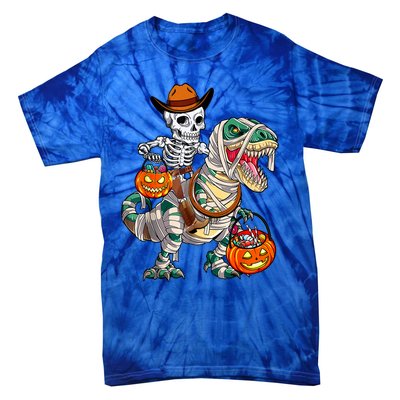 Cow Skeleton Riding Mummy Dinosaur T Rex Halloween Funny Gift Tie-Dye T-Shirt