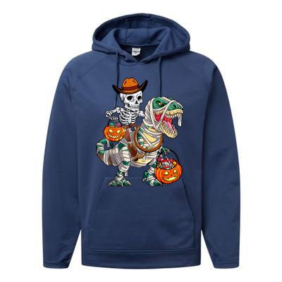 Cow Skeleton Riding Mummy Dinosaur T Rex Halloween Funny Gift Performance Fleece Hoodie