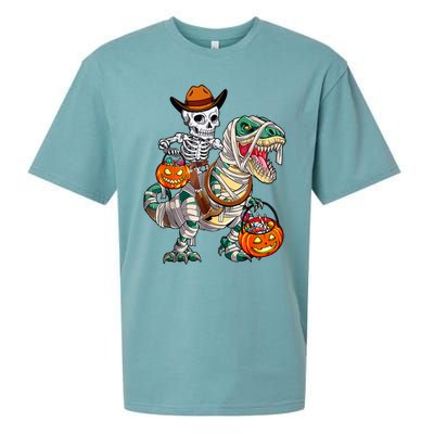 Cow Skeleton Riding Mummy Dinosaur T Rex Halloween Funny Gift Sueded Cloud Jersey T-Shirt