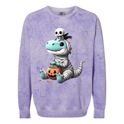 Cute Skeleton Riding Mummy Dinosaur Trex Costume Gift Colorblast Crewneck Sweatshirt