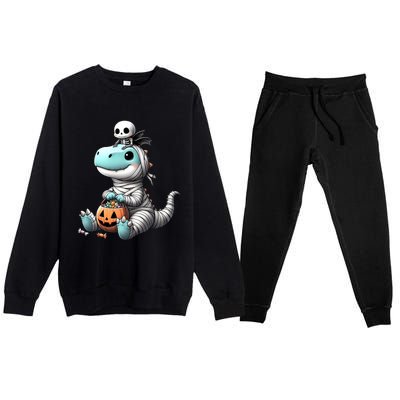 Cute Skeleton Riding Mummy Dinosaur Trex Costume Gift Premium Crewneck Sweatsuit Set