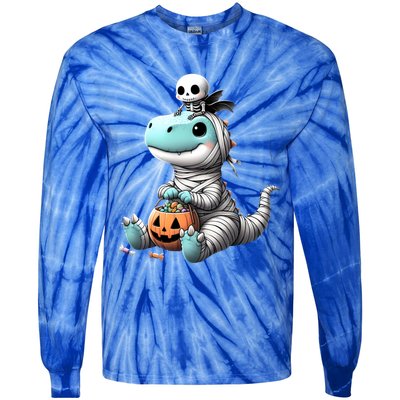 Cute Skeleton Riding Mummy Dinosaur Trex Costume Gift Tie-Dye Long Sleeve Shirt