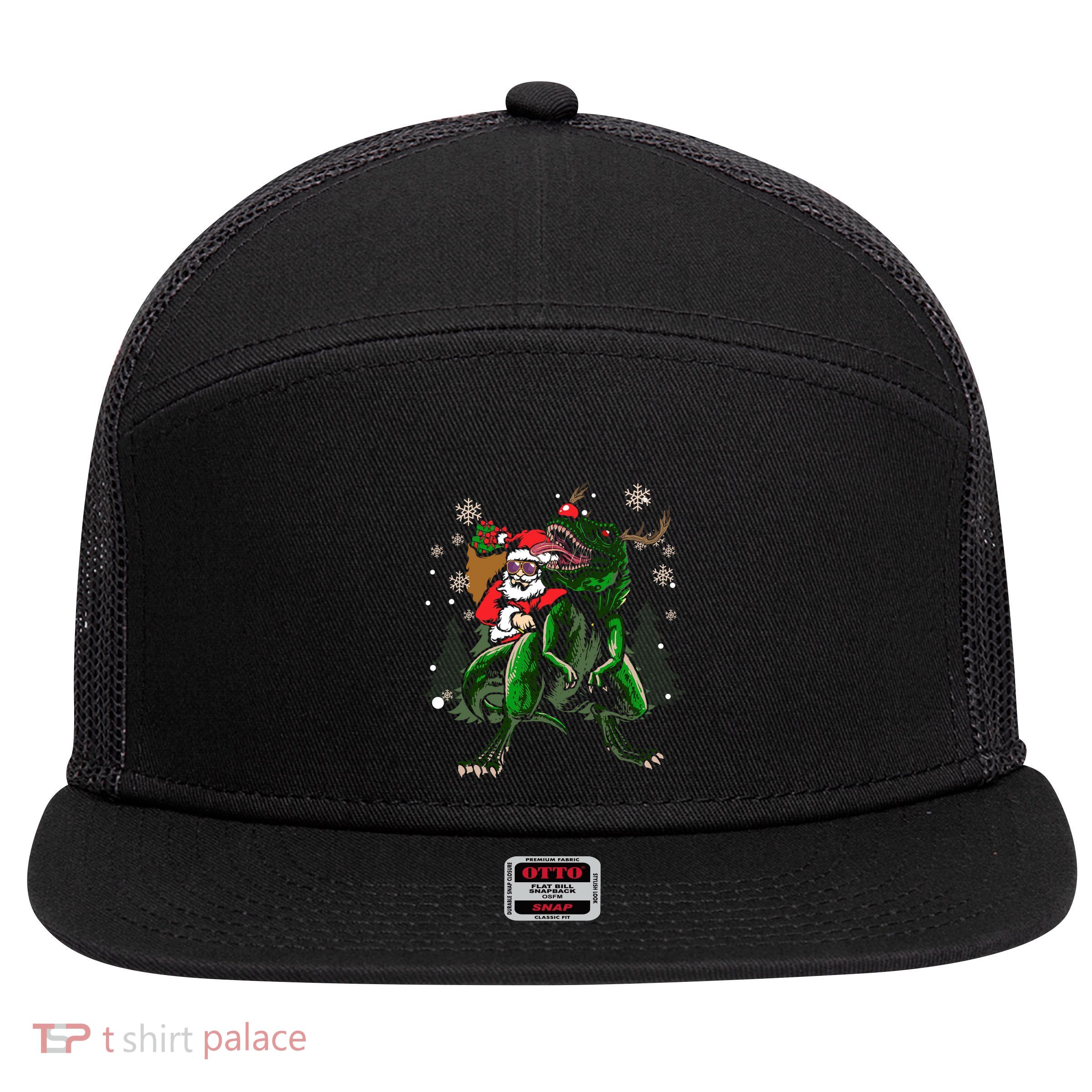 Cool Santa Riding Dinosaur Scary T Rex With Dino Snowy Gift Cool Gift 7 Panel Mesh Trucker Snapback Hat