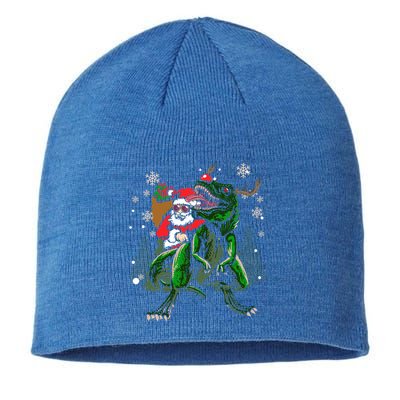 Cool Santa Riding Dinosaur Scary T Rex With Dino Snowy Gift Cool Gift Sustainable Beanie