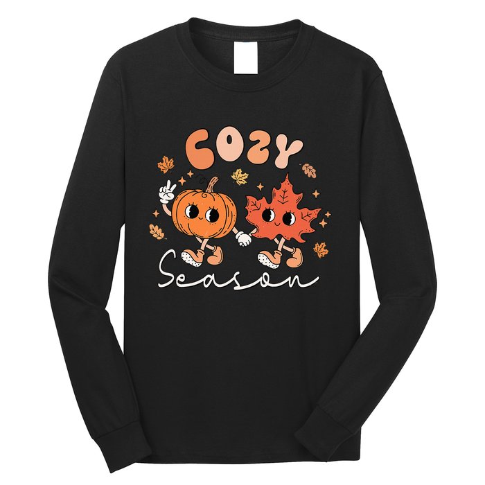 Cozy Season Retro Groovy Style Fall Leaves Pumpkin Farmings Long Sleeve Shirt