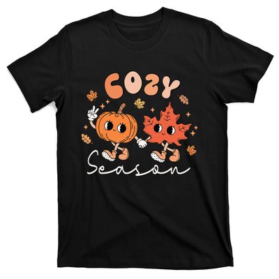 Cozy Season Retro Groovy Style Fall Leaves Pumpkin Farmings T-Shirt