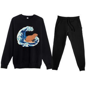 Capybara Surfing Rodent Wave Humor Animal Premium Crewneck Sweatsuit Set