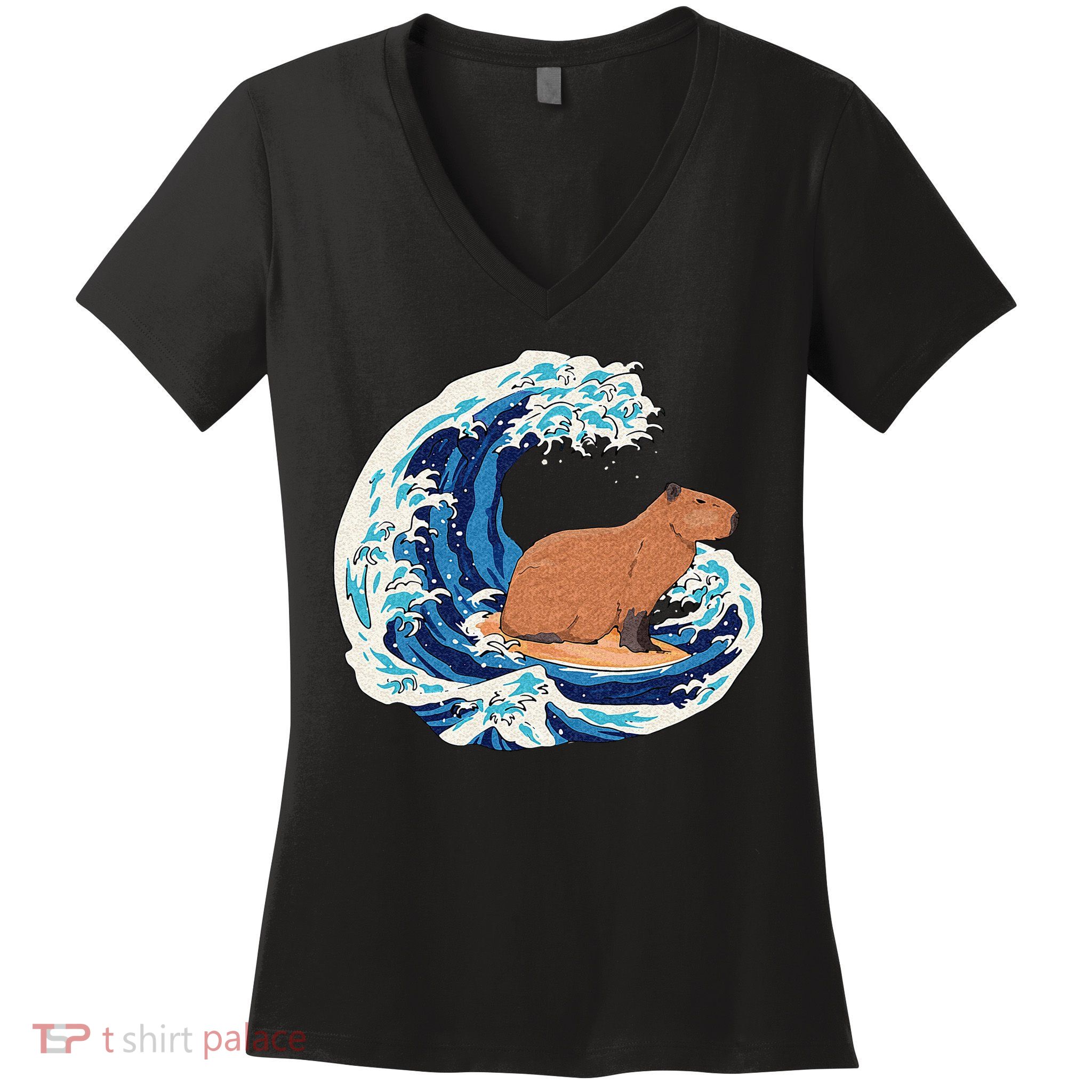 Capybara Surfing Rodent Wave Humor Animal Women's V-Neck T-Shirt
