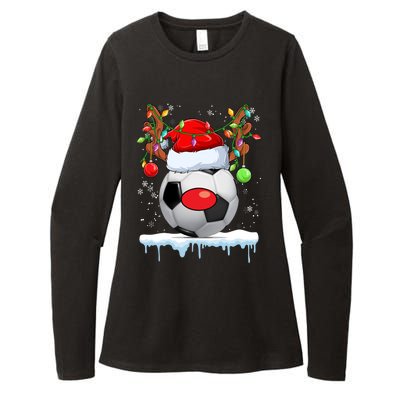 Christmas Soccer Reindeer Santa Hat Light Xmas Boys Cute Gift Womens CVC Long Sleeve Shirt