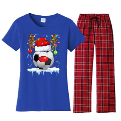 Christmas Soccer Reindeer Santa Hat Light Xmas Boys Cute Gift Women's Flannel Pajama Set