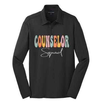 Counselor Squad Retro Groovy Funny Happy First Day Of School Silk Touch Performance Long Sleeve Polo