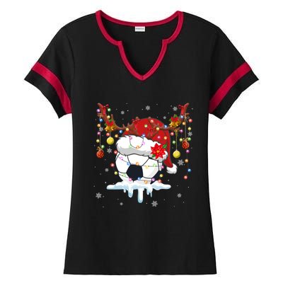 Christmas Soccer Reindeer And Santa Hat Xmas Tree Light Gift Ladies Halftime Notch Neck Tee