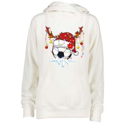 Christmas Soccer Reindeer And Santa Hat Xmas Tree Light Gift Womens Funnel Neck Pullover Hood