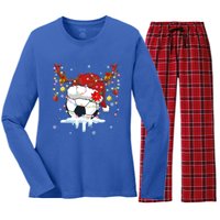 Christmas Soccer Reindeer And Santa Hat Xmas Tree Light Gift Women's Long Sleeve Flannel Pajama Set 