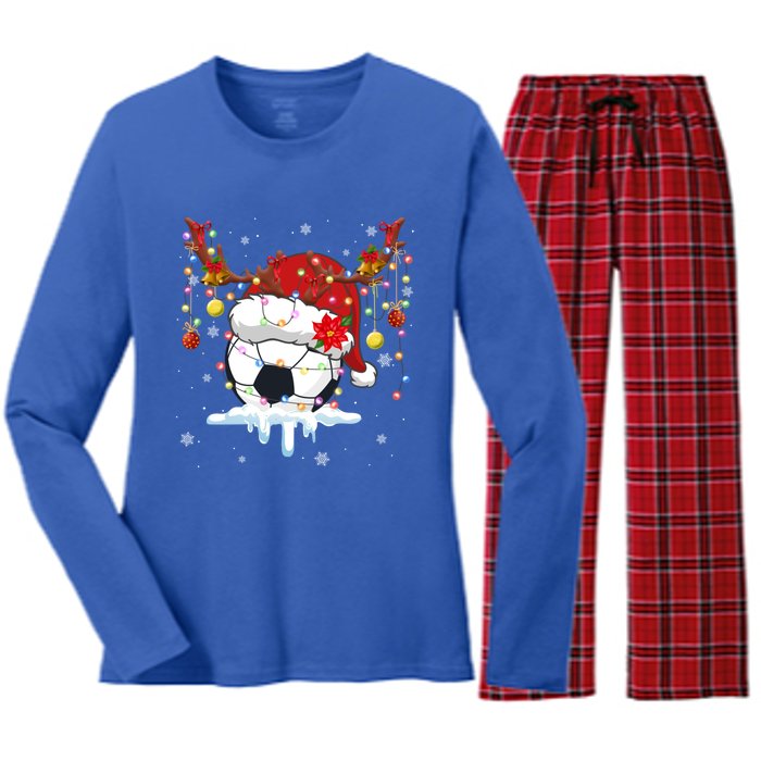 Christmas Soccer Reindeer And Santa Hat Xmas Tree Light Gift Women's Long Sleeve Flannel Pajama Set 