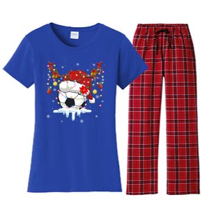 Christmas Soccer Reindeer And Santa Hat Xmas Tree Light Gift Women's Flannel Pajama Set