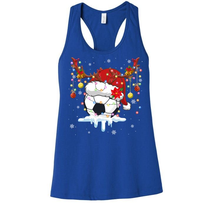 Christmas Soccer Reindeer And Santa Hat Xmas Tree Light Gift Women's Racerback Tank