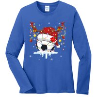 Christmas Soccer Reindeer And Santa Hat Xmas Tree Light Gift Ladies Long Sleeve Shirt