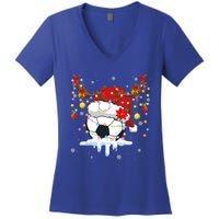 Christmas Soccer Reindeer And Santa Hat Xmas Tree Light Gift Women's V-Neck T-Shirt