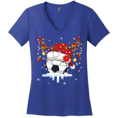 Christmas Soccer Reindeer And Santa Hat Xmas Tree Light Gift Women's V-Neck T-Shirt