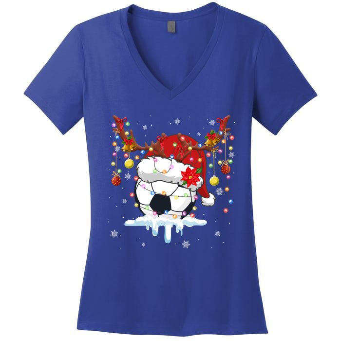 Christmas Soccer Reindeer And Santa Hat Xmas Tree Light Gift Women's V-Neck T-Shirt