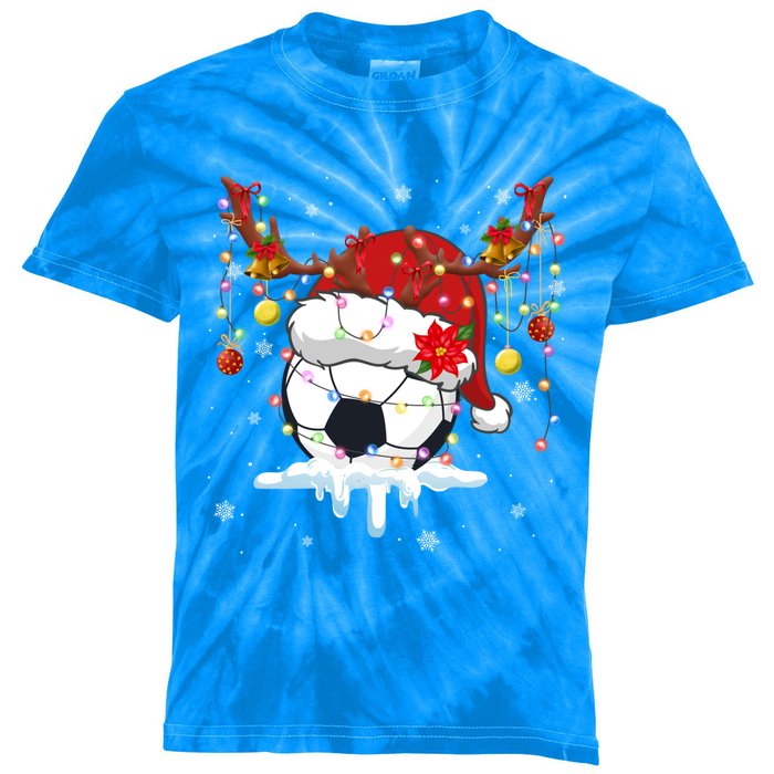 Christmas Soccer Reindeer And Santa Hat Xmas Tree Light Gift Kids Tie-Dye T-Shirt