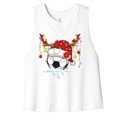 Christmas Soccer Reindeer And Santa Hat Xmas Tree Light Gift Women's Racerback Cropped Tank