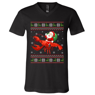 Christmas Santa Riding Lobster Funny Ugly Xmas Sweater Long Sleeve V-Neck T-Shirt