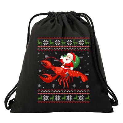 Christmas Santa Riding Lobster Funny Ugly Xmas Sweater Long Sleeve Drawstring Bag