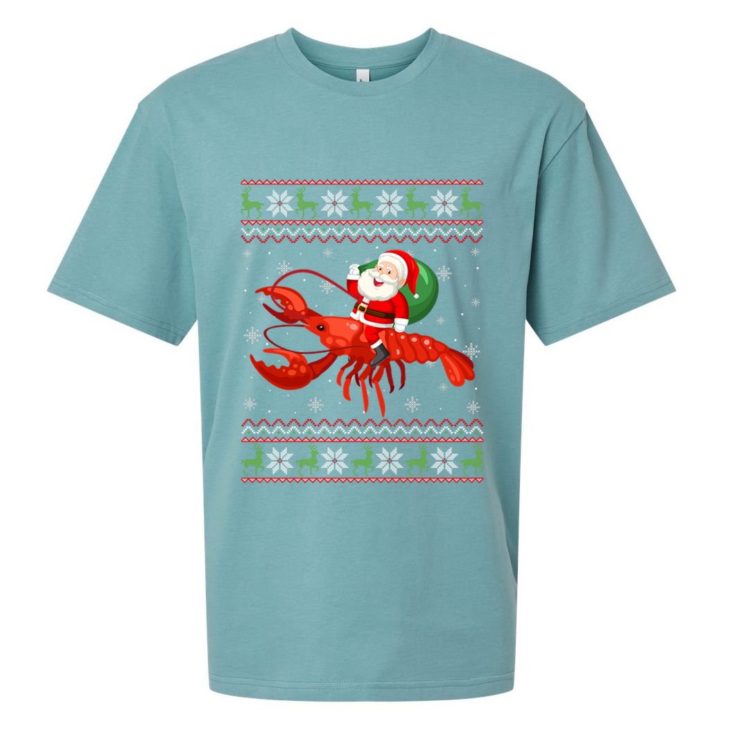 Christmas Santa Riding Lobster Funny Ugly Xmas Sweater Long Sleeve Sueded Cloud Jersey T-Shirt