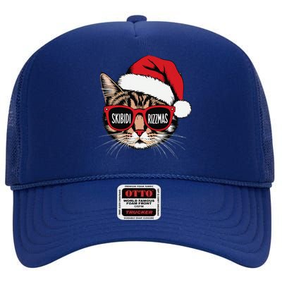 Cat Skibid.I Rizzmas Christmas Rizz Santa Claus Charisma High Crown Mesh Back Trucker Hat