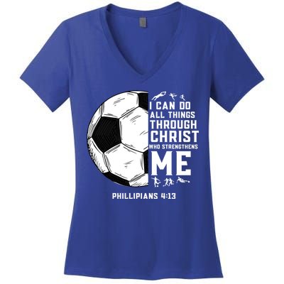 Christian Soccer Religious Gifts Women's V-Neck T-Shirt