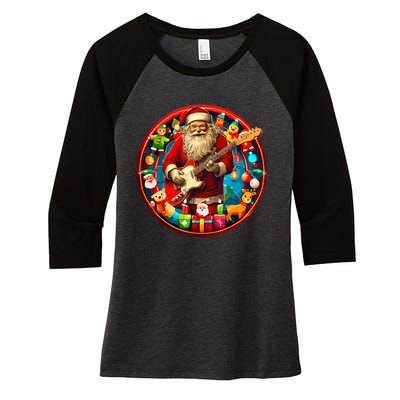 Cool Santa Rockin Guitar Festive Christmas Women's Tri-Blend 3/4-Sleeve Raglan Shirt