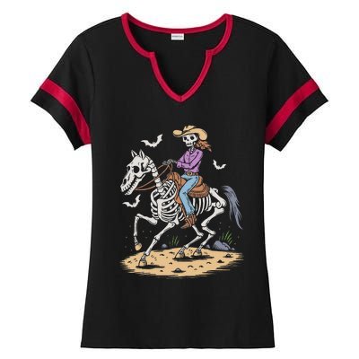 Cow Skeleton Riding Horse Spooky Halloween Western Ladies Halftime Notch Neck Tee