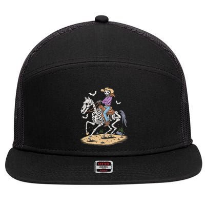 Cow Skeleton Riding Horse Spooky Halloween Western 7 Panel Mesh Trucker Snapback Hat