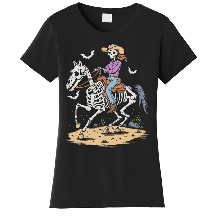 Cow Skeleton Riding Horse Spooky Halloween Western Women's T-Shirt