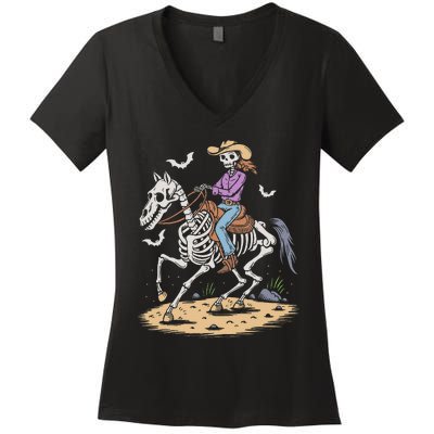 Cow Skeleton Riding Horse Spooky Halloween Western Women's V-Neck T-Shirt