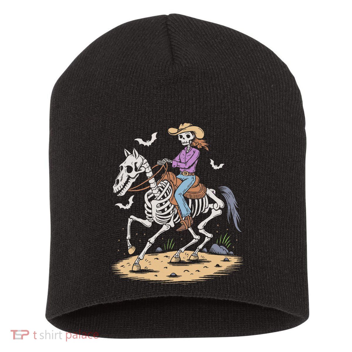 Cow Skeleton Riding Horse Spooky Halloween Western Short Acrylic Beanie