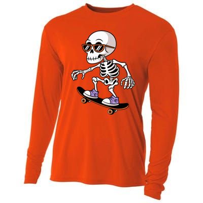 Cool Skeleton Riding Skateboard Halloween Cooling Performance Long Sleeve Crew