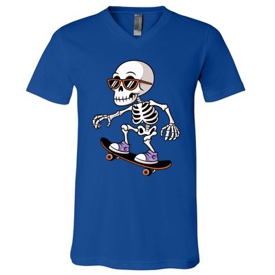 Cool Skeleton Riding Skateboard Halloween V-Neck T-Shirt