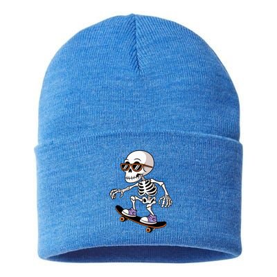 Cool Skeleton Riding Skateboard Halloween Sustainable Knit Beanie