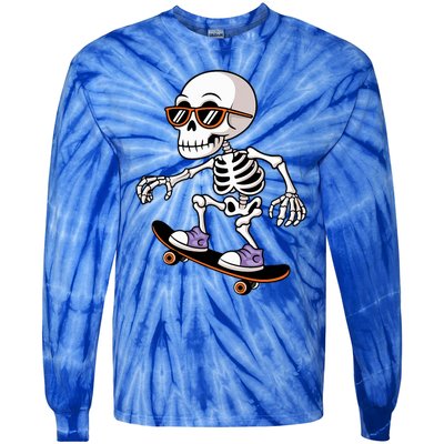 Cool Skeleton Riding Skateboard Halloween Tie-Dye Long Sleeve Shirt